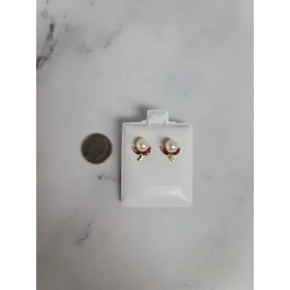 Pearl & Ruby Floral Shaped Studs 14k Yellow Gold